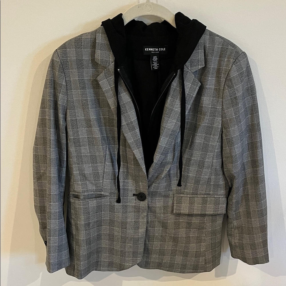 Kenneth Cole Black and Gray Checkered Blazer with Hoodie